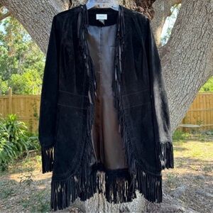 Neiman Marcus Black Suede Fringe Open Longline Jacket.Size M